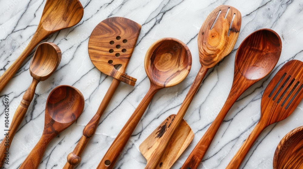 Wooden Kitchen Utensils on Marble Wooden Kitchen Utensils on Marble