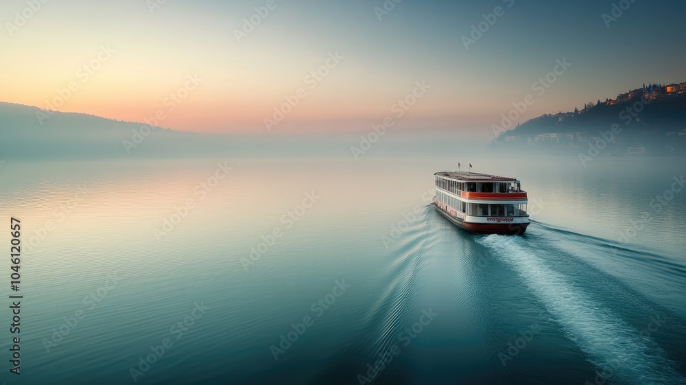 Boat cruising on calm lake at dawn with misty mountains in background Boat cruising on calm lake at dawn with misty mountains in background
