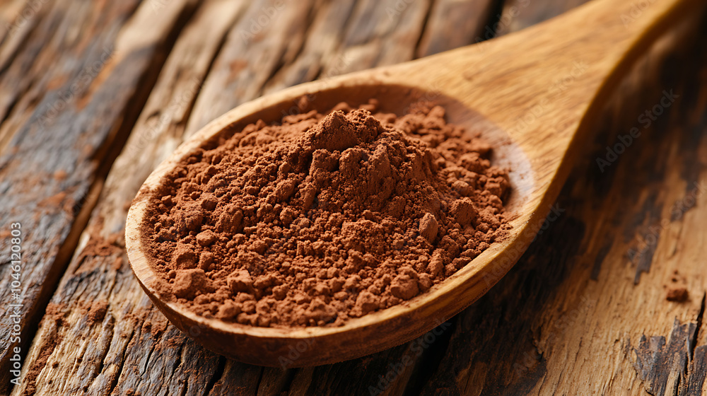 Cocoa powder in a wood spoon isolated on a wooden table Cocoa powder in a wood spoon isolated on a wooden table