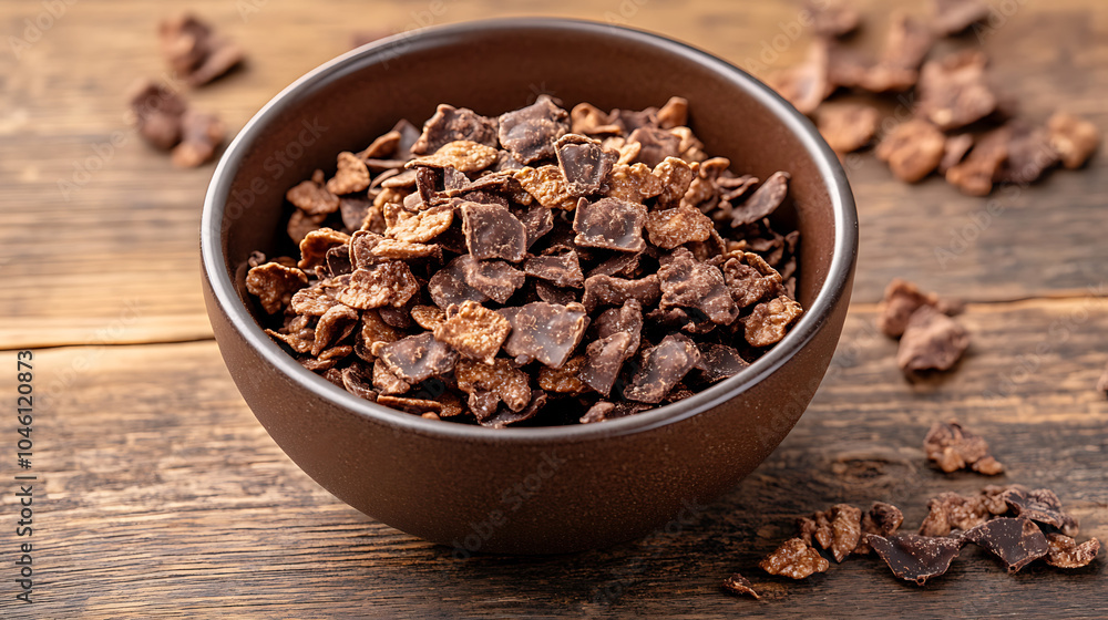 Chocolate corn flakes in a bowl isolated on a wooden table Chocolate corn flakes in a bowl isolated on a wooden table