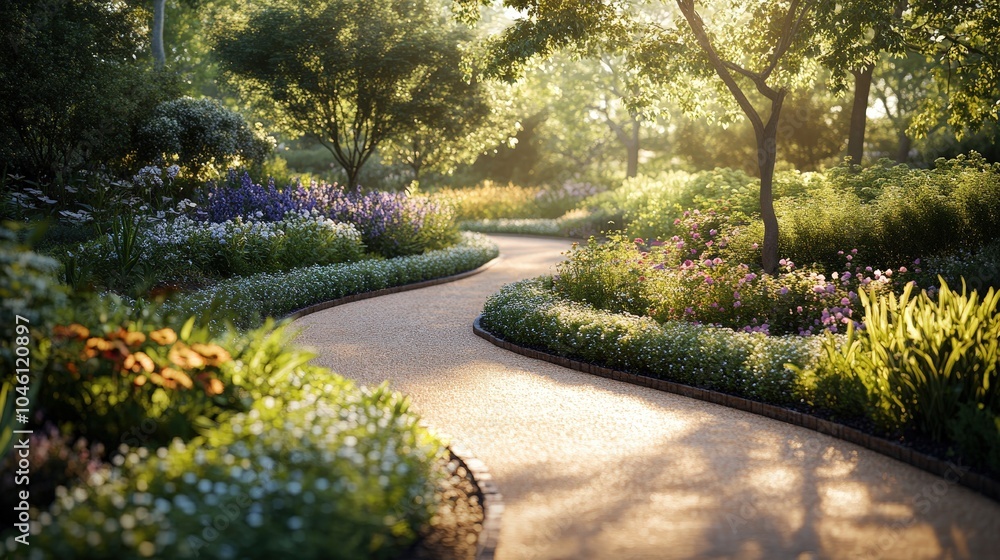 Fototapeta premium Serene Pathway Through Manicured Garden Landscape