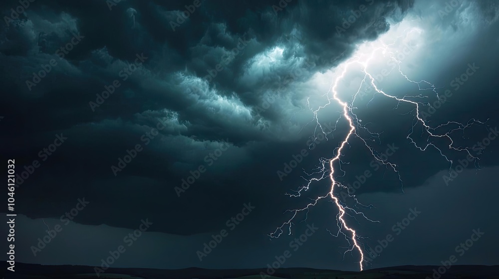 Dramatic lightning streaks through dark storm clouds over a desolate landscape. Dramatic lightning streaks through dark storm clouds over a desolate landscape.