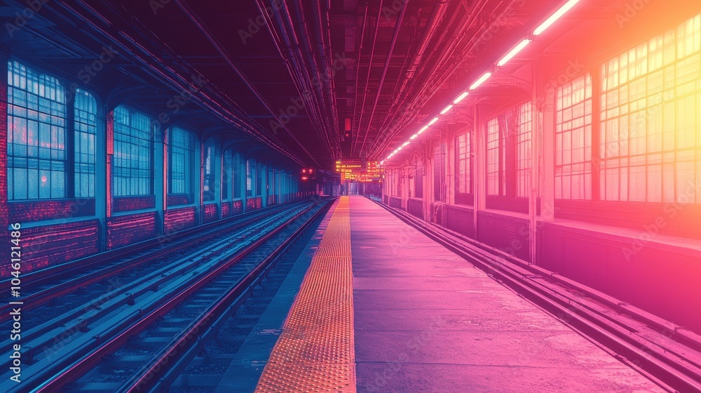 Modern Train Station Platform with Vibrant Lighting Modern Train Station Platform with Vibrant Lighting