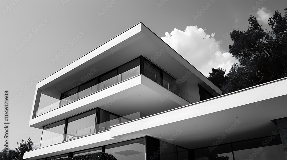 Fototapeta premium Modern house, exterior, view from the garden, beautiful villa
