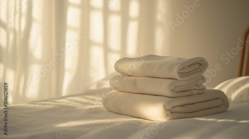 Bed Rest concept,Warm morning light filters through sheer curtains,illuminating neatly stacked white towels on a bed,enhancing serene ambiance of room,copy space