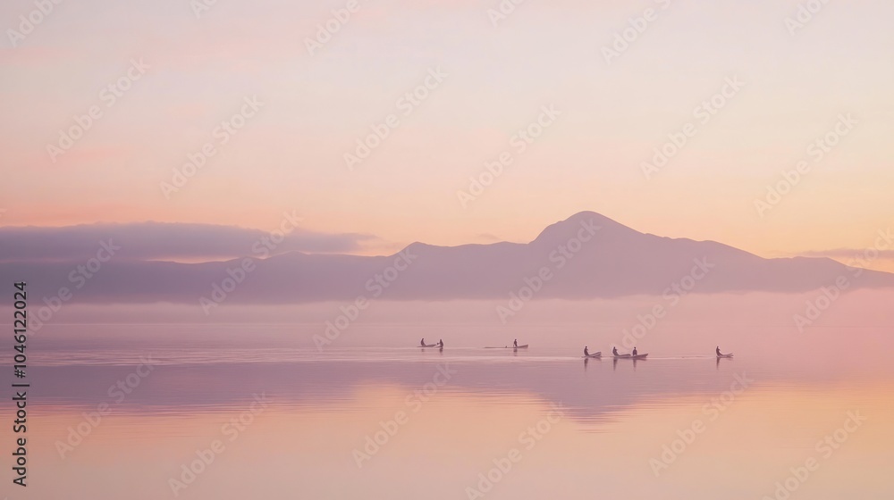 Fototapeta premium A group of birds silhouetted against a misty mountain range during a colorful sunset.