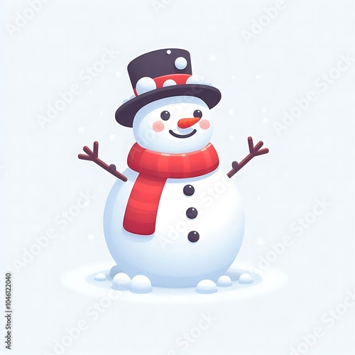 Flat, isolated illustration of a happy snowman wearing a cozy scarf and hat. The simple design features rounded shapes, a carrot nose, and twig arms, set against a clean white background.