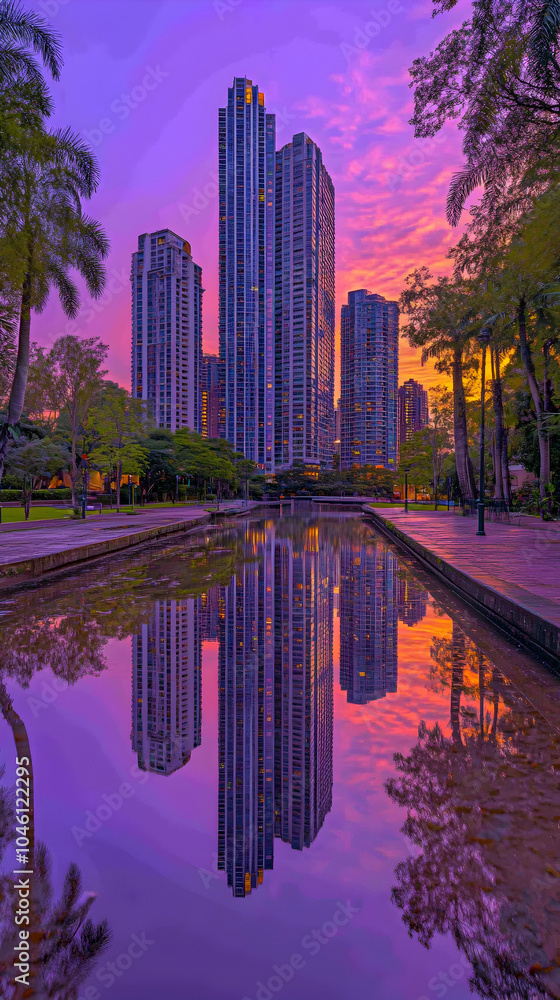 Naklejka premium Tall buildings reflected in a still pond at sunset.
