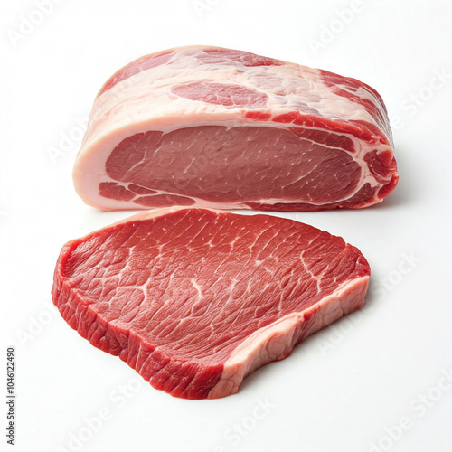 Raw beef sirloin steak and pork chops, isolated on a white background