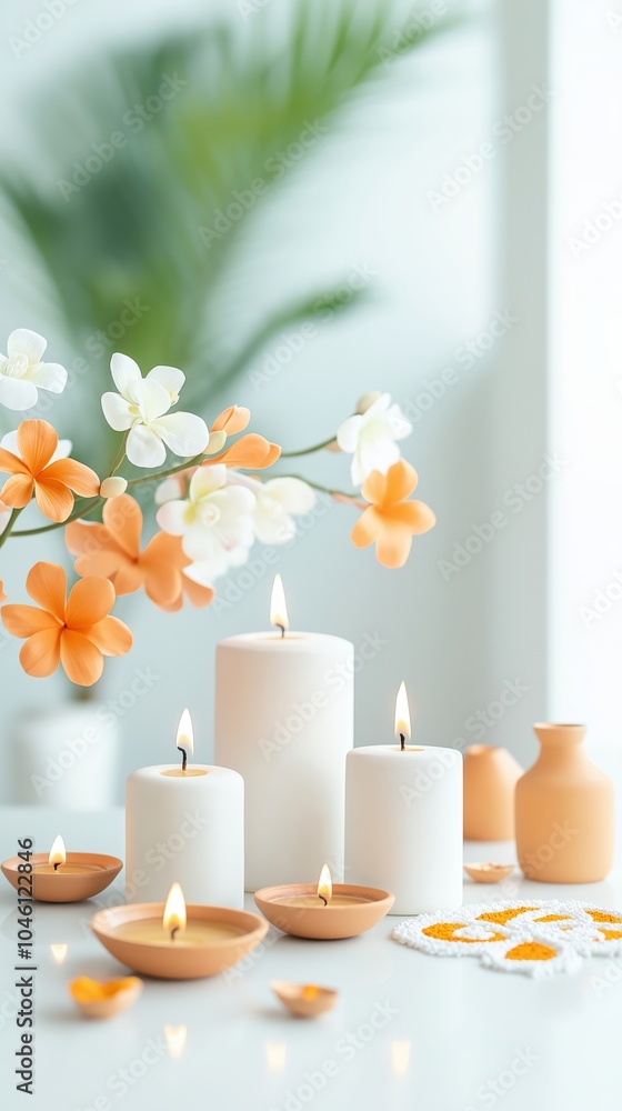 Serene spa setting with lit candles and delicate flowers on a tranquil tabletop arrangement Serene spa setting with lit candles and delicate flowers on a tranquil tabletop arrangement