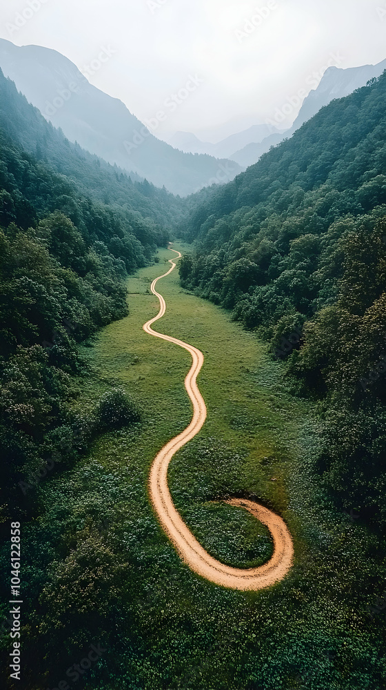A winding dirt road snakes through a lush green valley, surrounded by misty mountains. A winding dirt road snakes through a lush green valley, surrounded by misty mountains.