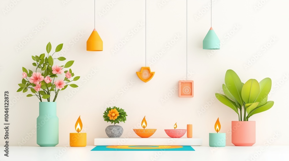 Harmonious floral decor with candles and hanging lanterns in minimalist style Harmonious floral decor with candles and hanging lanterns in minimalist style