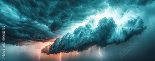 Dramatic storm clouds with lightning illuminating the dark sky