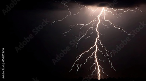 Dramatic lightning strike illuminating the dark sky, nature's powerful display.