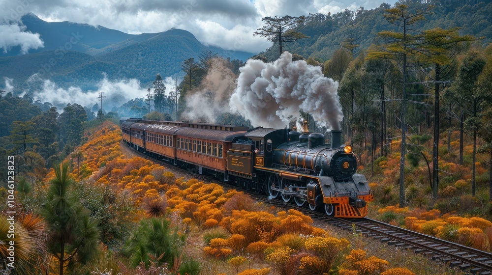 Fototapeta premium Vintage Steam Train Traveling Through Mountainous Terrain