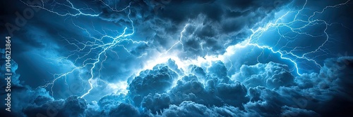 Dramatic lightning strikes illuminating dark stormy clouds, natural phenomenon.