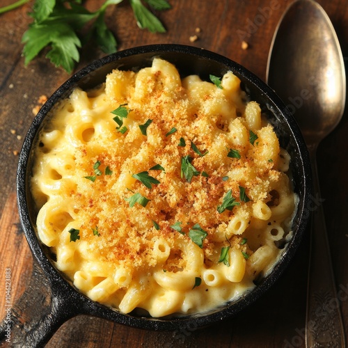 A rich and creamy macaroni and cheese with a golden breadcrumb crust, served in a cast iron skillet, Mac and cheese centered photo