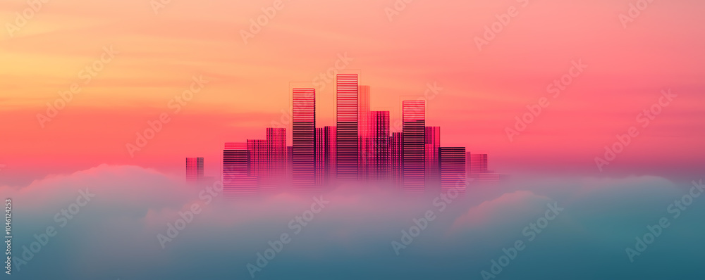 Fototapeta premium Floating storage towers connected to a glowing cloud by digital beams deployment landscape futuristic tone complementary color scheme