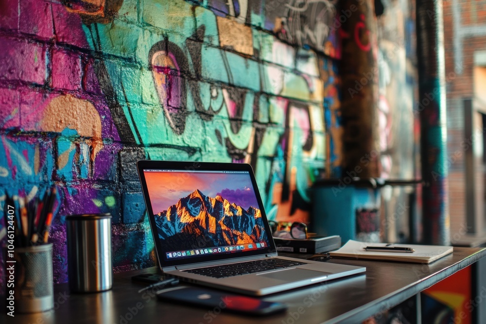 Obraz premium A sleek laptop sits on a desk surrounded by colorful art, showcasing a dynamic workspace conducive to creativity and productivity. Generative AI