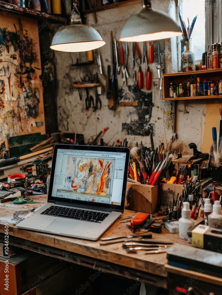 A laptop sits on a cluttered artist's table surrounded by brushes, paints, and various tools under soft overhead lighting. Generative AI A laptop sits on a cluttered artist's table surrounded by brushes, paints, and various tools under soft overhead lighting. Generative AI