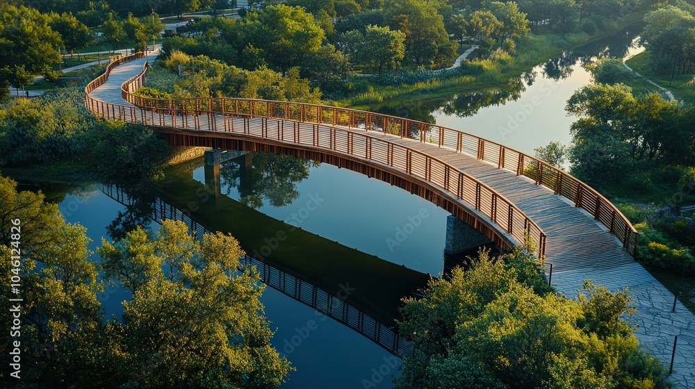 Scenic Pedestrian Bridge Over Calm Waterway Scenic Pedestrian Bridge Over Calm Waterway