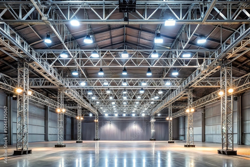 Steel truss holding lights in big hall minimalist design Steel truss holding lights in big hall minimalist design