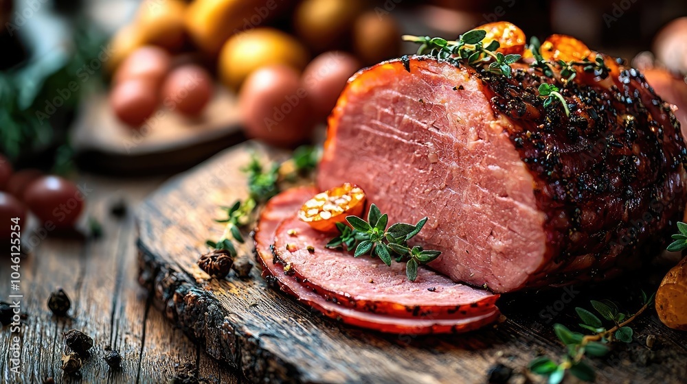 Sliced smoked meat on wooden board with herbs and spices, rustic food setup. Sliced smoked meat on wooden board with herbs and spices, rustic food setup.