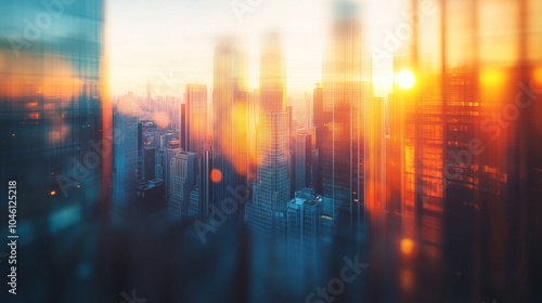 A blurred background of city skyscrapers at sunrise, with an abstract gradient of orange and blue colors