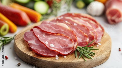 Delicious slices of cured meat on a wooden board with fresh herbs and vegetables.