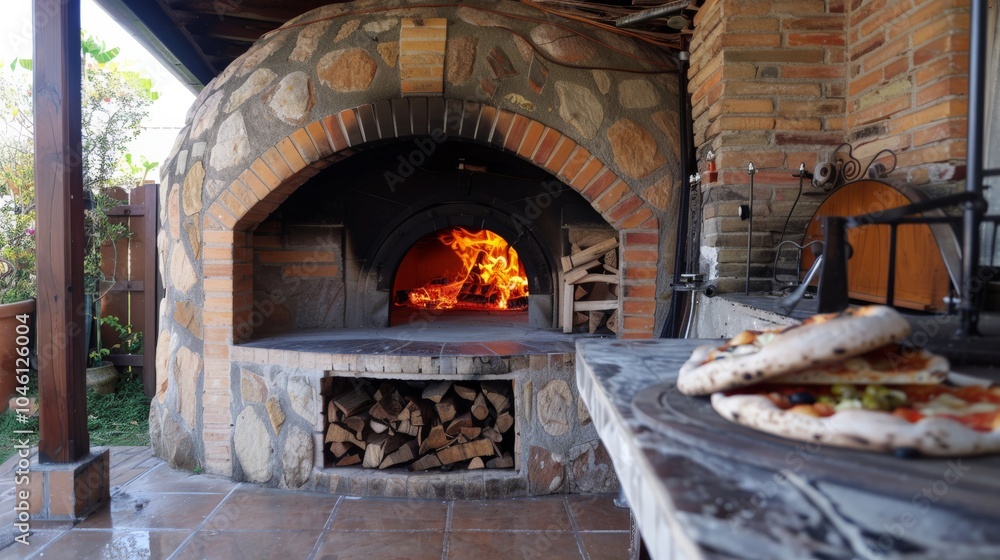 Pizza oven with a wood fire, emphasizing traditional cooking methods and authenticity Pizza oven with a wood fire, emphasizing traditional cooking methods and authenticity