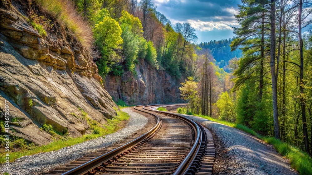 Fototapeta premium Steep hill and curved road below train tracks in North Carolina