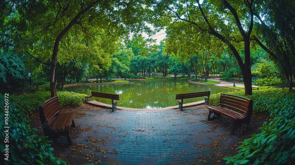 Obraz premium Tranquil Park Setting with Serene Water View