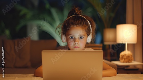 Remote Learning: Mixed Race Girl Studying at Home with Laptop and Headphones During Pandemic