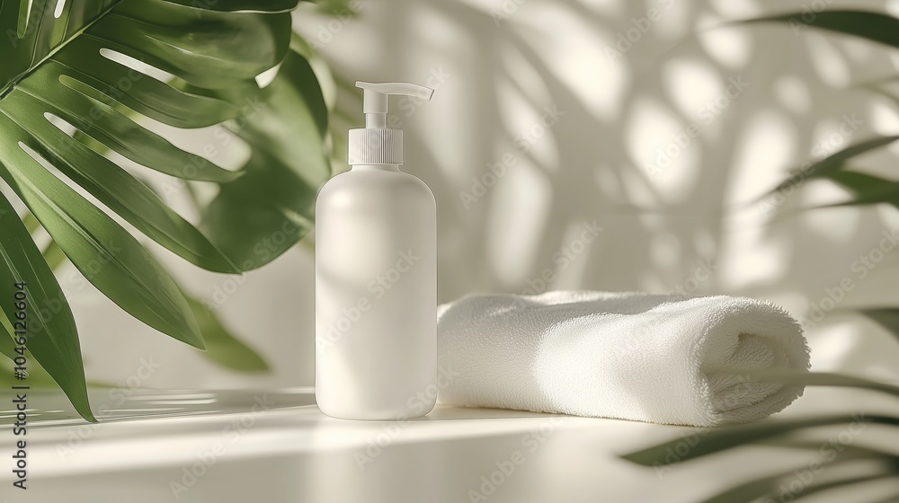 Close up of an all white frosted glass bottle with a pump on a table, next to it is a towel and green plant leaves, soft light, minimalist background Close up of an all white frosted glass bottle with a pump on a table, next to it is a towel and green plant leaves, soft light, minimalist background