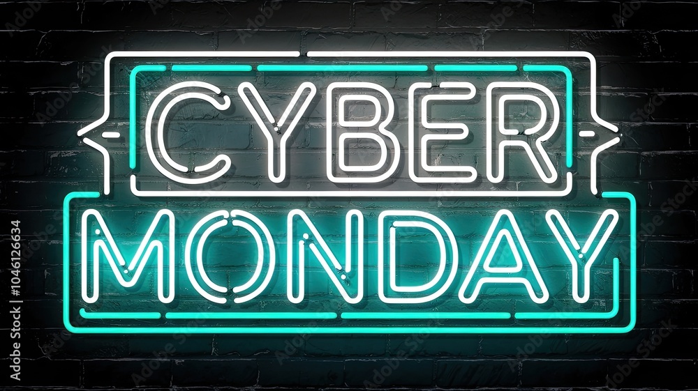 Fototapeta premium Cyber Monday neon sign on a dark background, ideal for sale promotions.