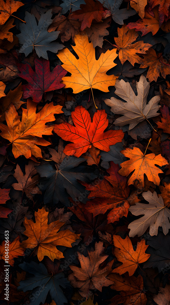 A vibrant red maple leaf stands out amidst a collection of autumn leaves in various shades of brown, orange, and red. A vibrant red maple leaf stands out amidst a collection of autumn leaves in various shades of brown, orange, and red.
