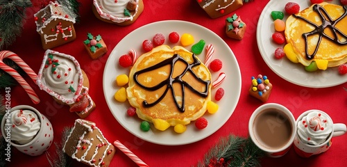 A bright and festive breakfast table set with Christmas tree-shaped pancakes decorated with colorful fruit and a drizzle of chocolate. Surrounding the plates are mini gingerbread houses.