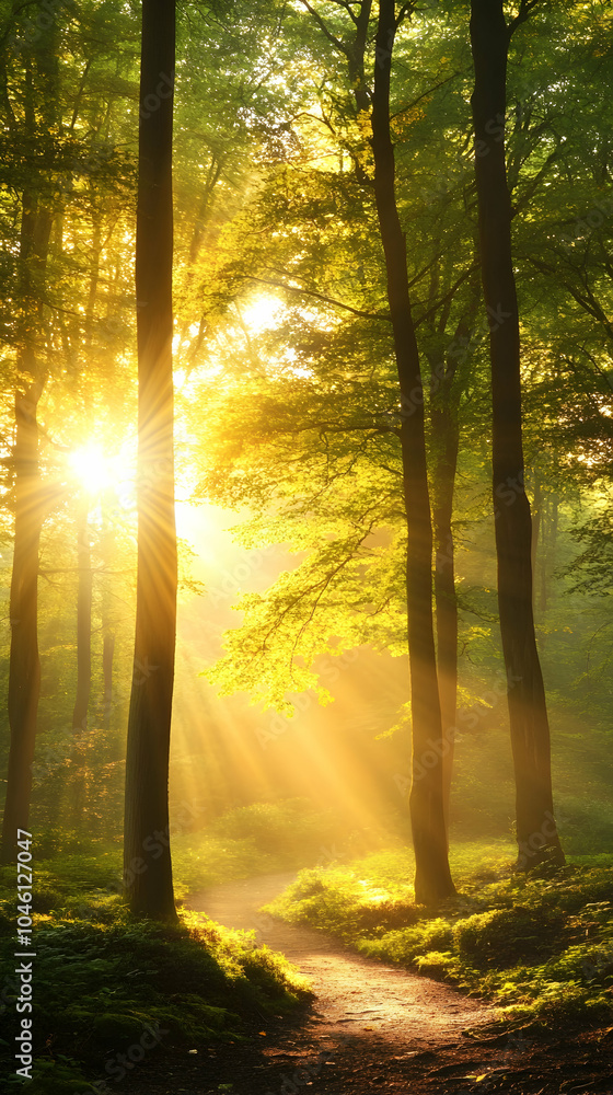 Naklejka premium Sunlight beams through the trees in a misty forest, illuminating a path.