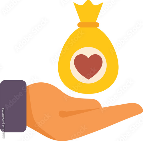 Hand is holding a bag of money with a heart, representing charitable giving and financial support for those in need