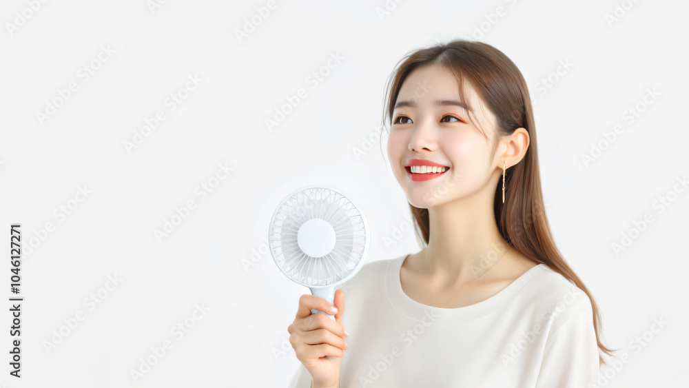 Woman with hand fan cooling off from the heat Woman with hand fan cooling off from the heat