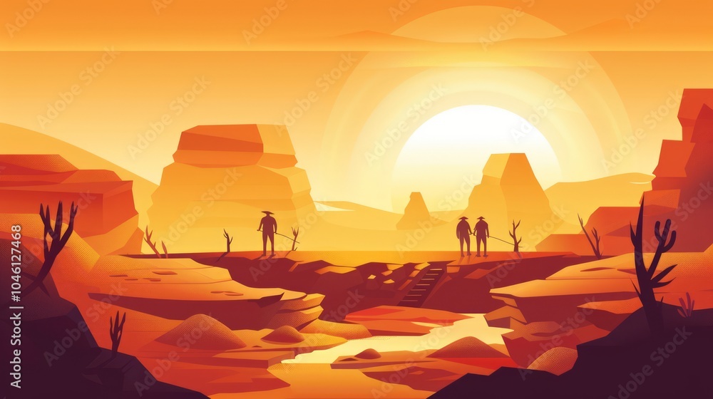 Flat Art of Archaeologists Discovering a Desert Landscape Flat Art of Archaeologists Discovering a Desert Landscape