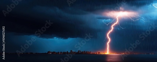 Dramatic lightning strike over a city skyline with dark storm clouds.