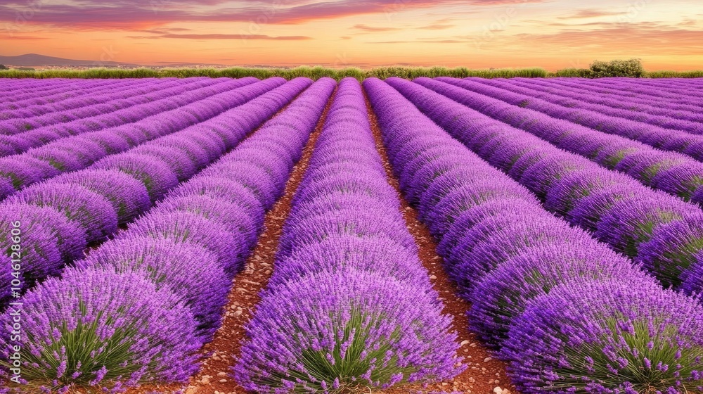 Obraz premium Vibrant Lavender Fields Under Sunset Sky