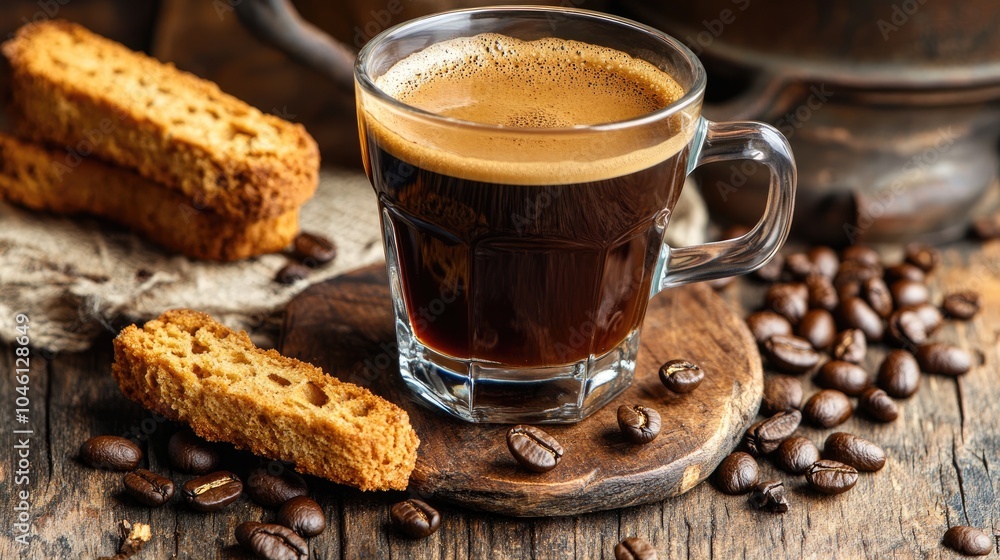 Fresh Coffee with Biscotti on Rustic Background Fresh Coffee with Biscotti on Rustic Background