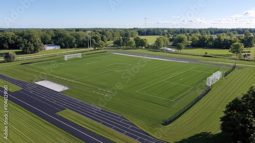 Aerial View of Empty Soccer Field with Goalposts