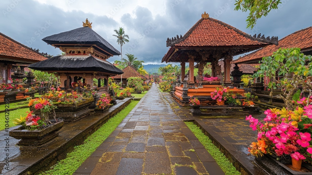 Obraz premium Serene Balinese Temple Pathway with Colorful Flowers