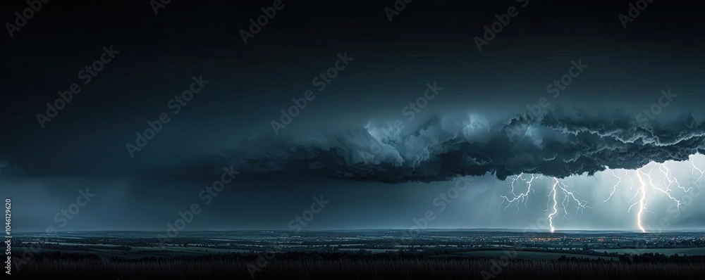 Fototapeta premium Dramatic thunderstorm with dark clouds and lightning over the ocean.