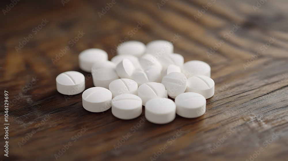 White pills isolated on a wooden table White pills isolated on a wooden table
