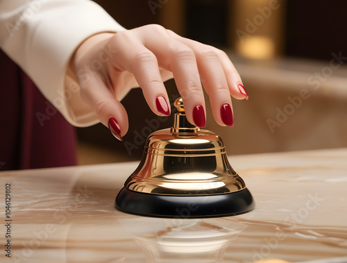 Hand pressing a gold service bell on a reception desk, signaling for attention. photo