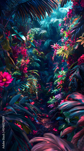 Fototapeta Naklejka Na Ścianę i Meble -  A lush, vibrant jungle path with blooming flowers and tropical plants.